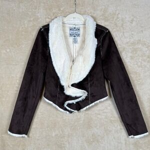 Wet Seal Brown Faux Suede Fur Trim Jacket Small Cropped Y2K Vintage Moto
